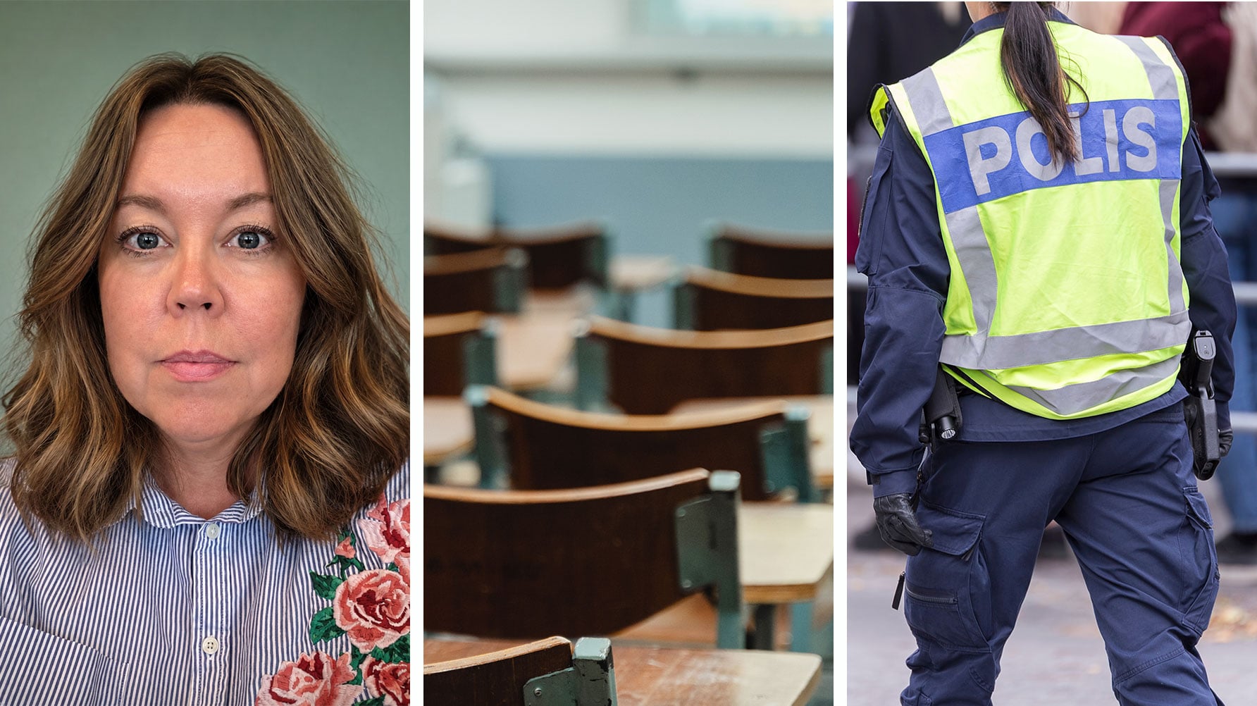 En tredelad bild: till vänster ett porträtt av Susanna Taskila, i mitten en genrebild av tomma bänkar i ett klassrum, till höger en genrebild av en polis fotograferad bakifrån