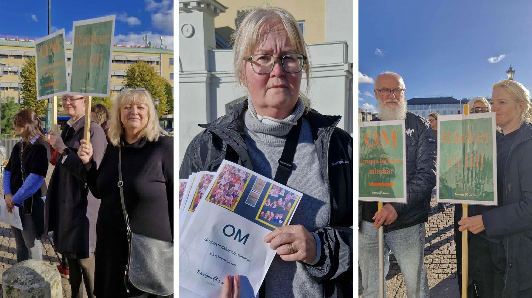 Tre bilder från Sveriges Lärares manifestation, sammanfogade i samma ram, budskapet ˝om” på skyltar som lärarna håller upp
