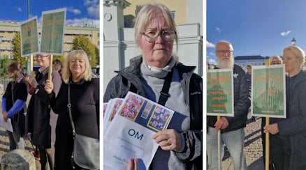 Tre bilder från Sveriges Lärares manifestation, sammanfogade i samma ram, budskapet ˝om” på skyltar som lärarna håller upp