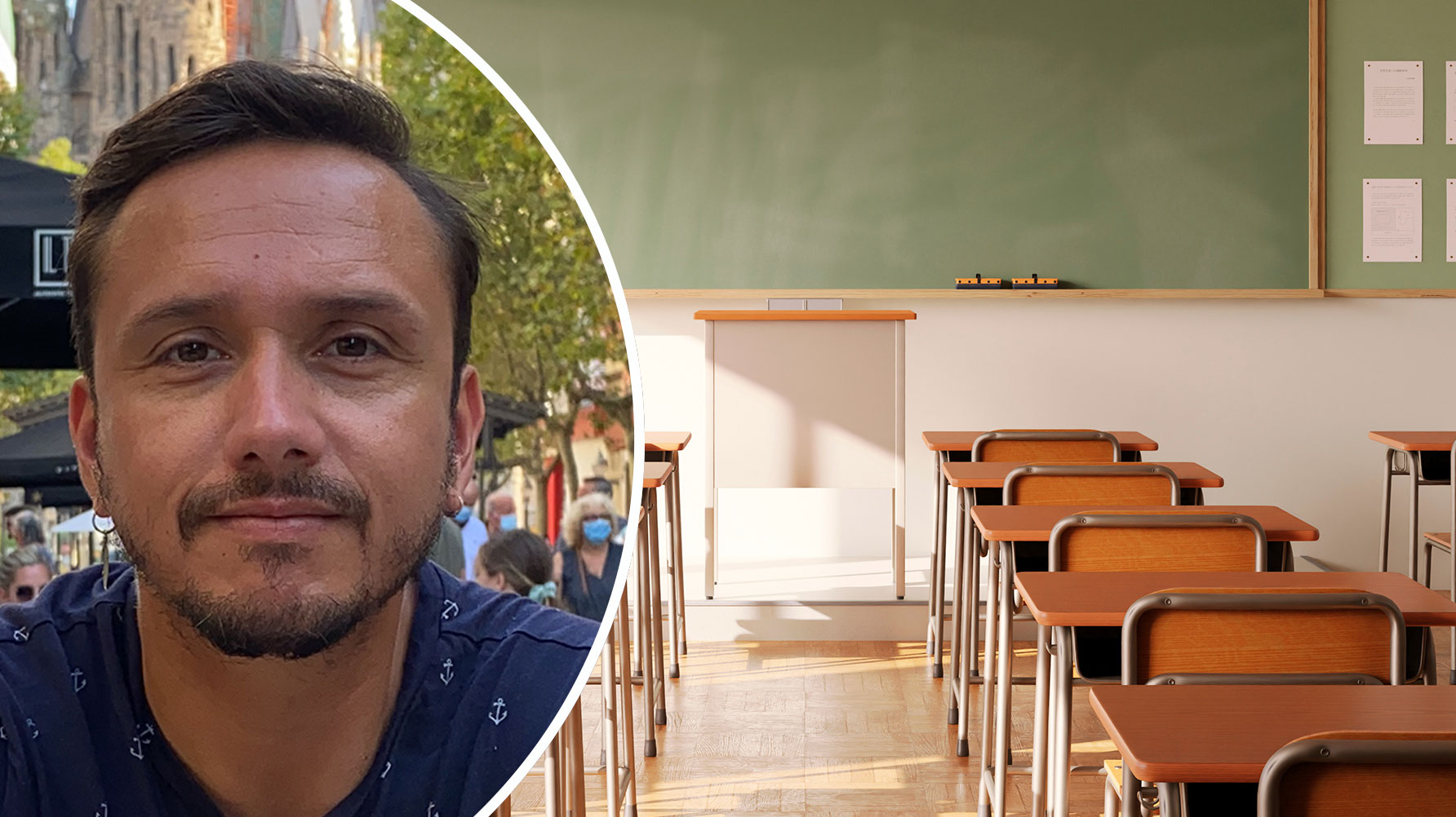 Ett portr&#xE4;tt av Diego Garzon Barrios i rund bild till v&#xE4;nster, till h&#xF6;ger en bakgrundsbild av ett klassrum.