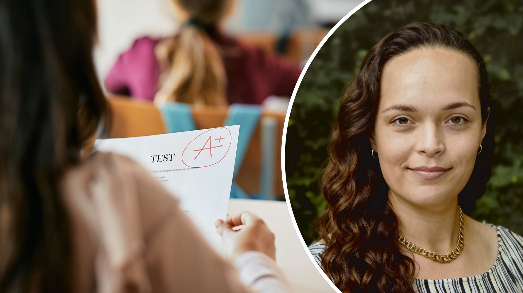 En genrebild av en elev i ett klassrum, fotograferad bakifrån, håller ett prov i handen, betyget A skrivet på och ett porträtt av Disa Karlsson Malik