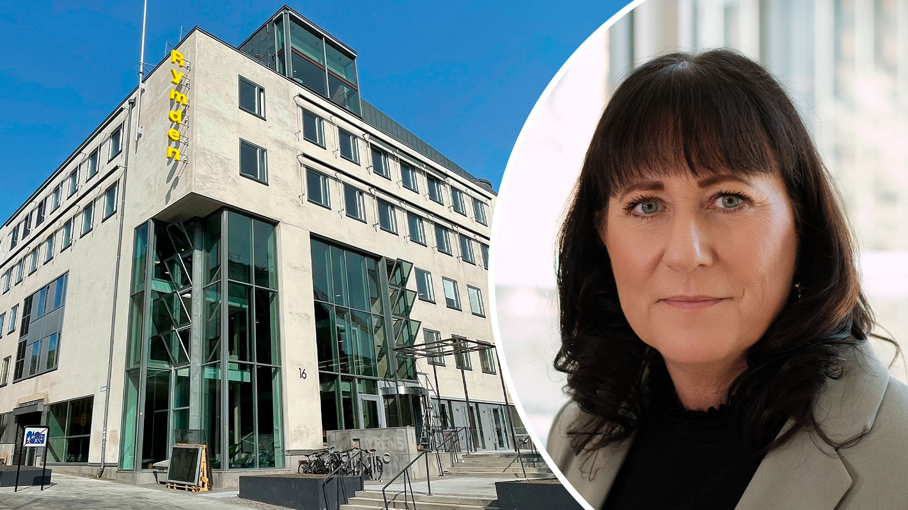 En bild av Sveriges Lärares kansli med skylten ”Rymden” på fasaden, och ett porträtt av Lena Durfors.