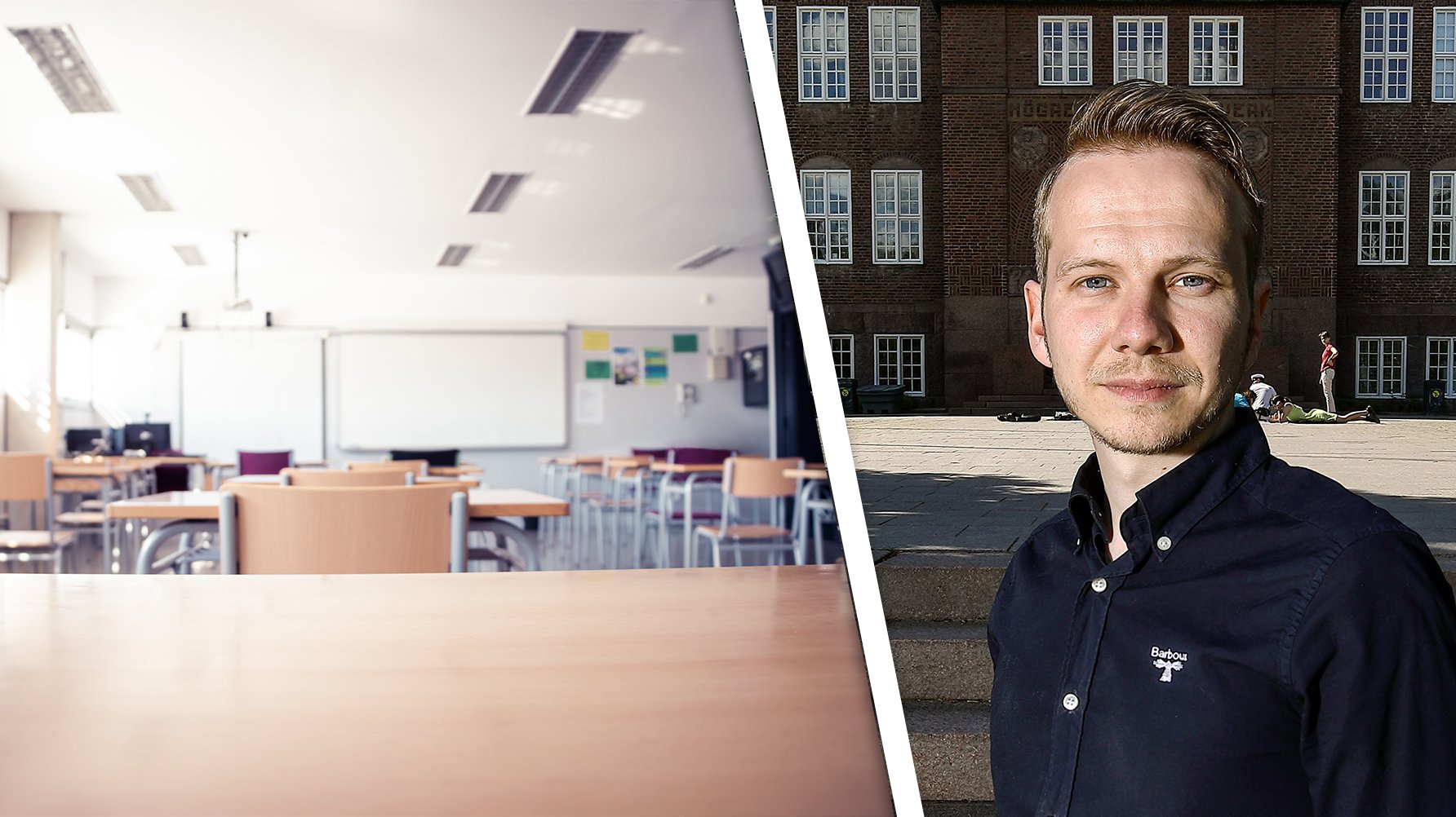 Ett porträtt av Edvin Jensen framför en klassisk skolbyggnad i tegel, och en genrebild av ett klassrum