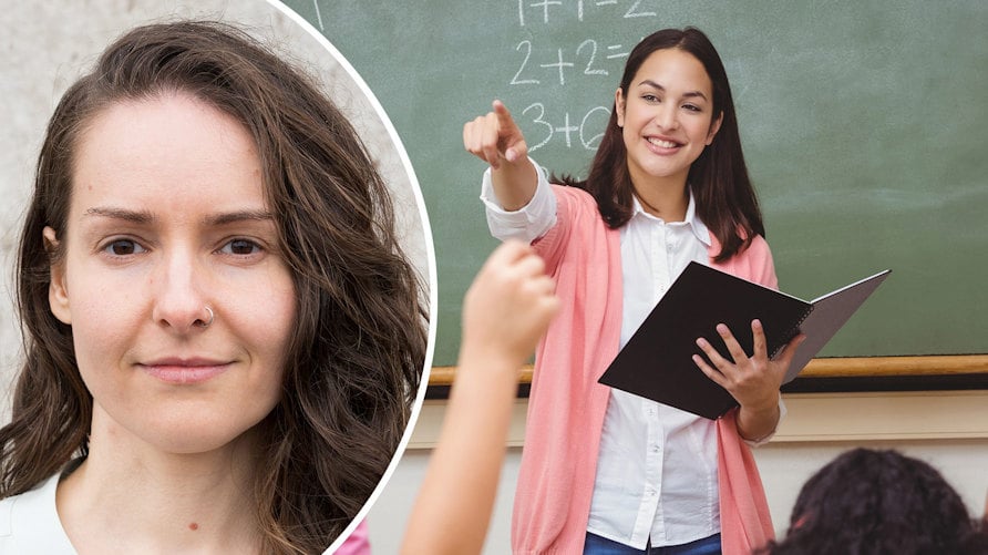 Ett porträtt av Ekaterina Ivanova och en genrebild av en lärare som står framför tavlan, där det står mattetal, hon pekar mot en elev, flera elever räcker upp handen