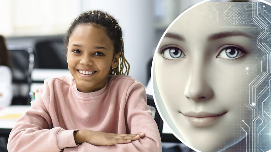Elev i en skolsal med datorer och ett ai-genererat porträtt av en kvinna