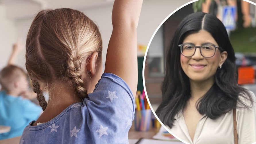 Eleven som är fotograferad bakifrån räcker upp handen i klassrummet och Setayesh Kormi Nouri