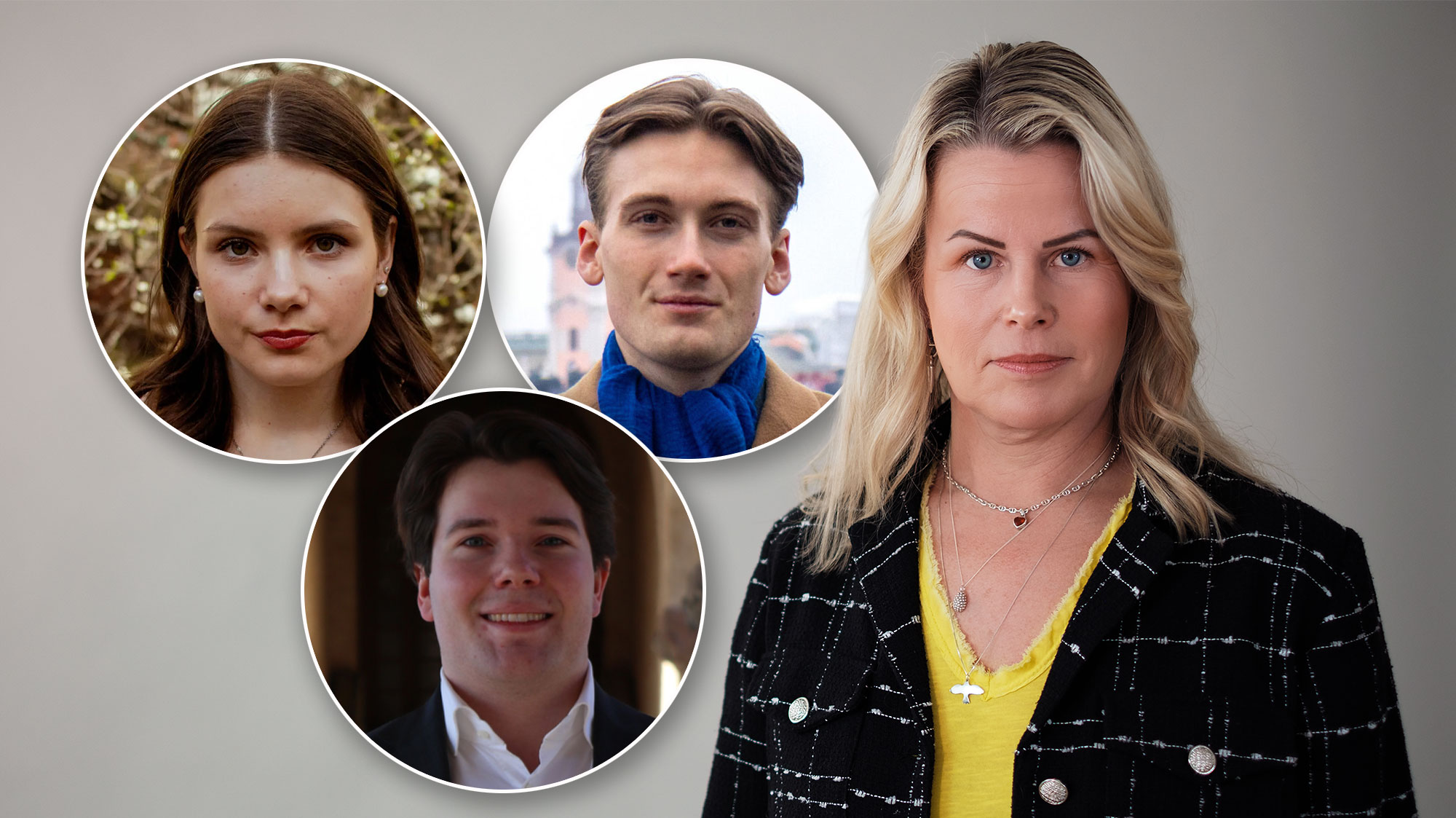 Ett porträtt av Anna Olskog, med infällda runda bilder av Agnes Tell, Jontan Lamy och Vidar Ekman infällda