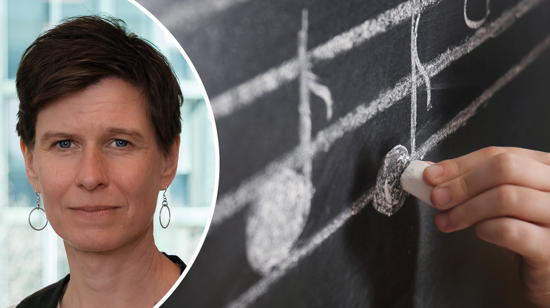 Ett porträtt av Ellen van Lokhorst och en genrebild av en hand som skriver noter på med vit krita svarta tavlan