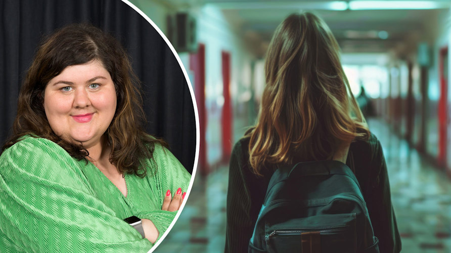 Läraren Emilia Friberg och en bild på en ensam elev i en skolkorridor