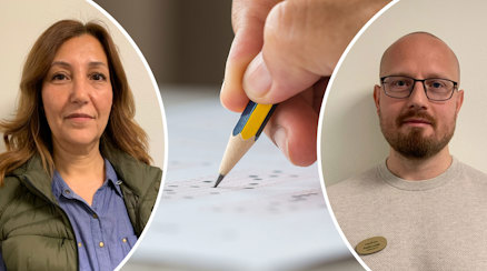 Emin Kilic och Fredrik Lundin och en närbild på en hand som skriver ett prov