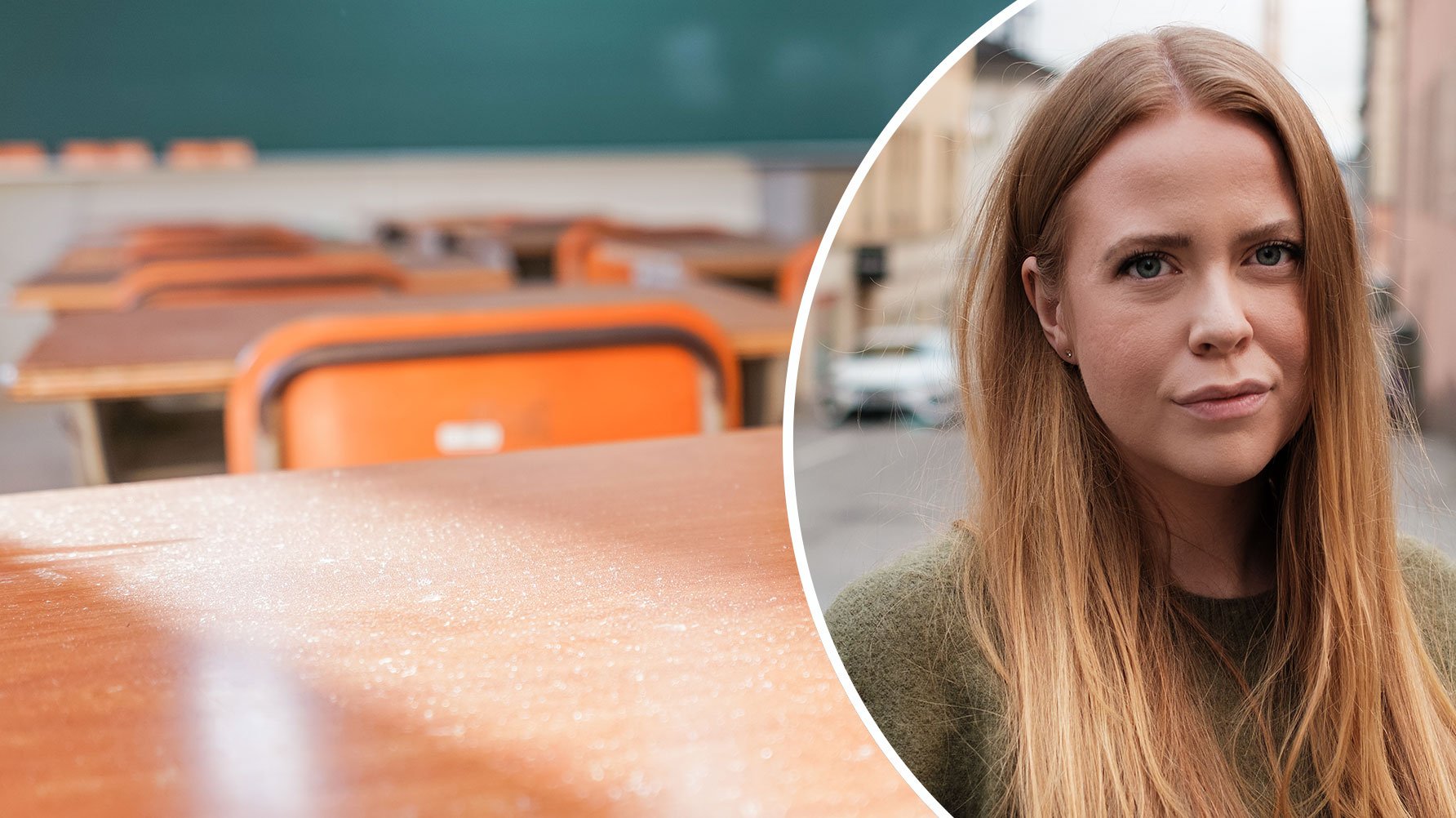 Ett runt porträtt av Emma Arvidsson, mot en bakgrund av en genrebild från ett tomt klassrum