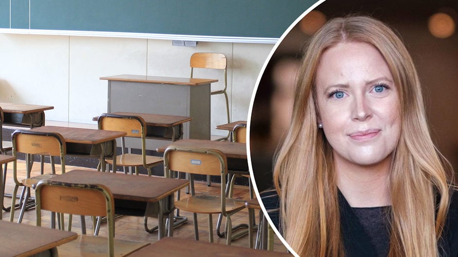 Ett porträtt av Emma Arvidsson och en genrebild av ett tomt klassrum
