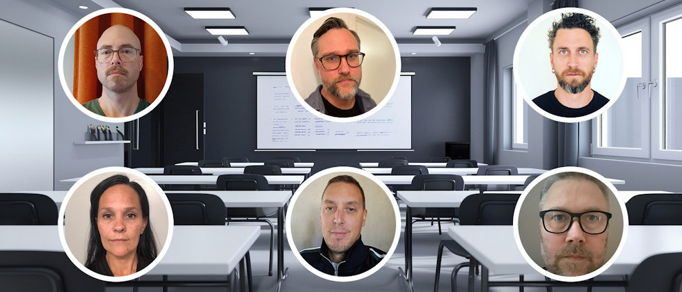 Sex ordföranden från Sveriges Lärares lokalföreningar mot bakgrund av ett mörkt klassrum