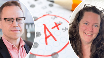 Erik Janzon och Janet Ericsson och en bild på betyget ”A" skrivet på ett prov