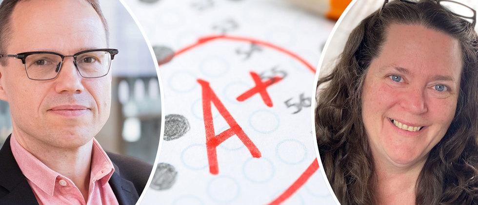Erik Janzon och Janet Ericsson och en bild på betyget ”A" skrivet på ett prov