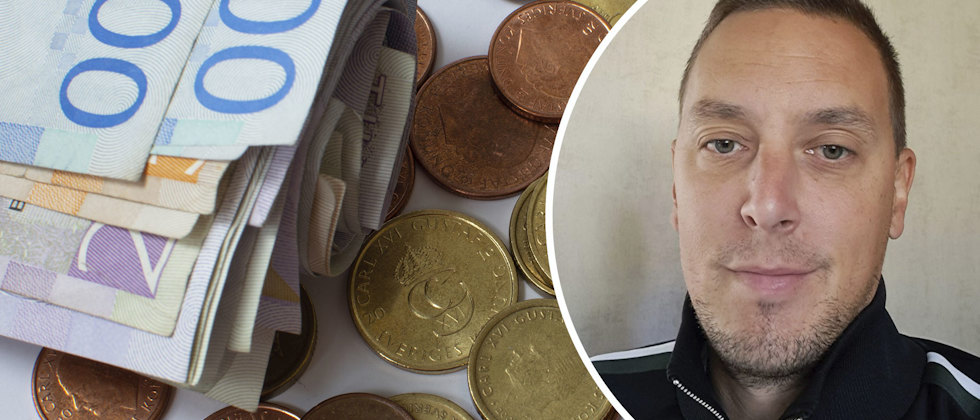 En bild på svenska sedlar och mynt och ett porträtt av Erik Liljendahl