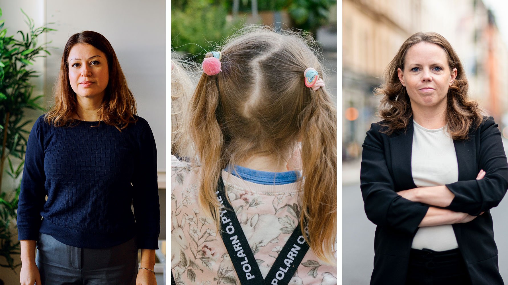 En tredelad bild: Till vänster Farah Waly, i mitten en genrebild av ett barn med tofsar och galonisar, till höger Alexandra Mattsson