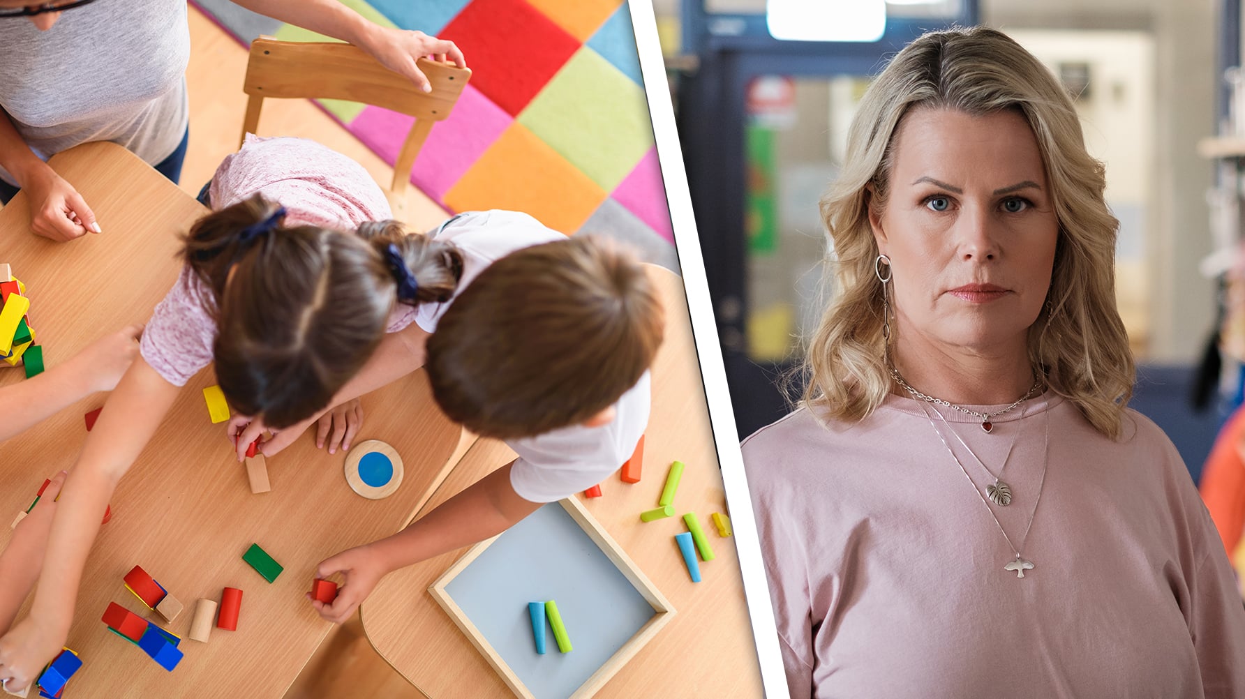En genrebild av en vuxen och två barn tagen ovanifrån, de sitter vid ett bord och pysslar med små klossar. Till höger ett porträtt av Anna Olskog i ett kapprum till en förskola.
