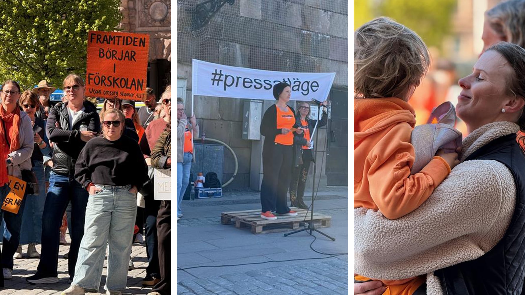 En tredelad bild: Till vänster och i mitten demonstranter, till höger ett barn i orange jacka i en kvinnas famn