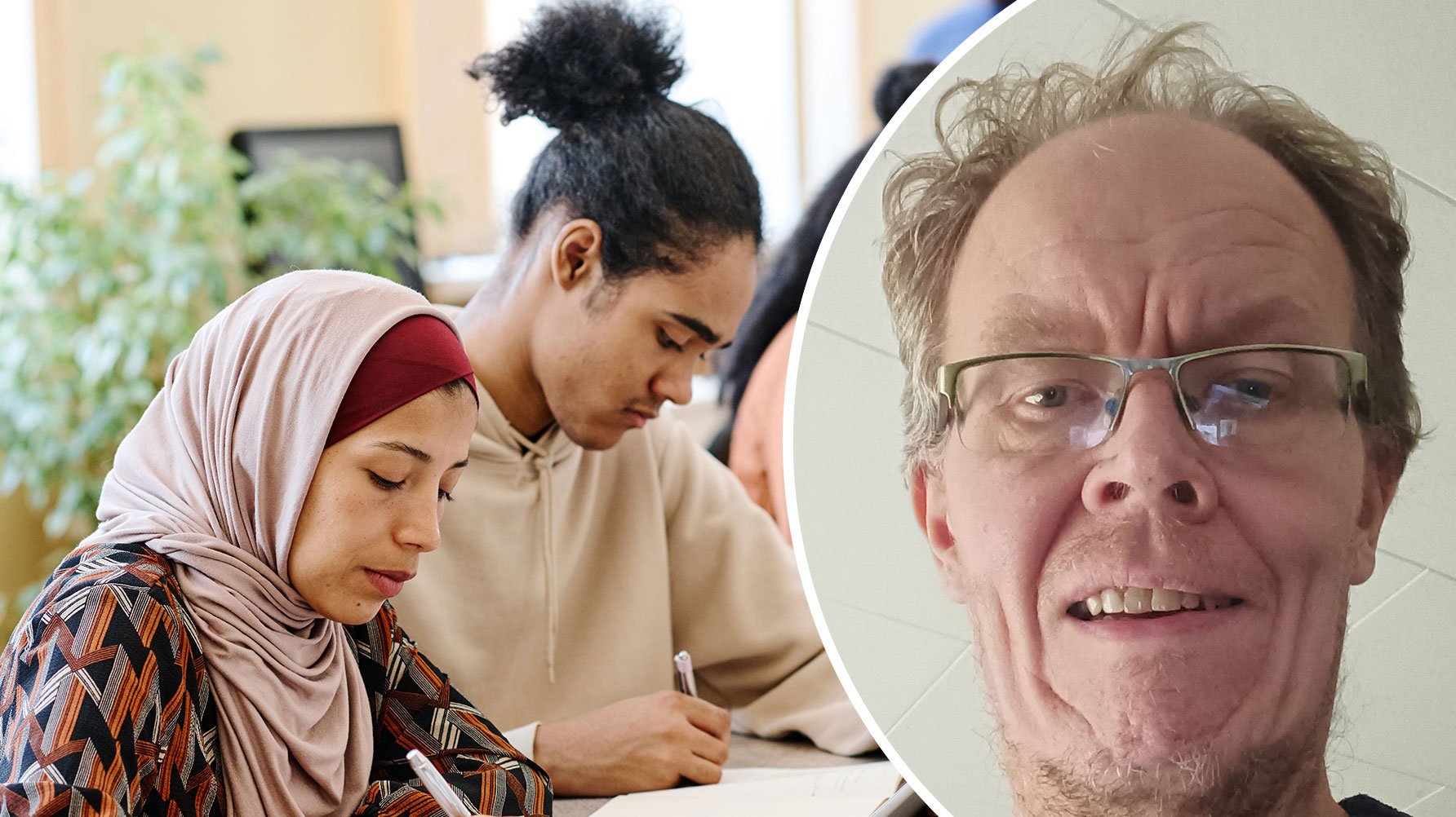 En bild av Fredrik Brehmer och en genrebild av en kvinna i sl&#xF6;ja som sitter med en man i h&#xE4;stsvans och skriver