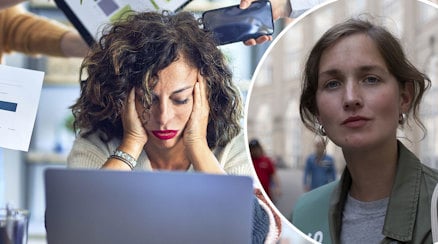 En genrebild av en kvinna som sitter medan händer sträcker fram arbetsuppgifter och en porträttbild av Hanna Garberg