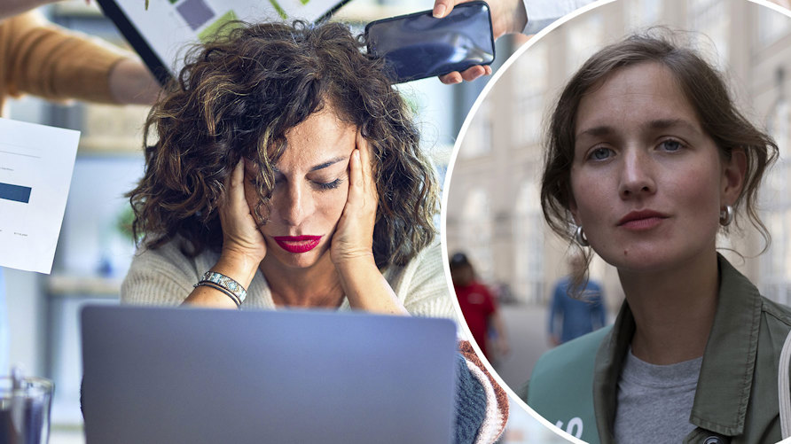 En genrebild av en kvinna som sitter medan händer sträcker fram arbetsuppgifter och en porträttbild av Hanna Garberg