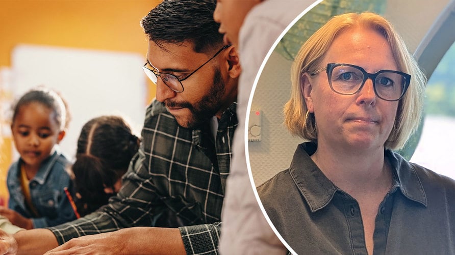 En genrebild av en vuxen som ritar med några barn och ett porträtt av Malin Persson