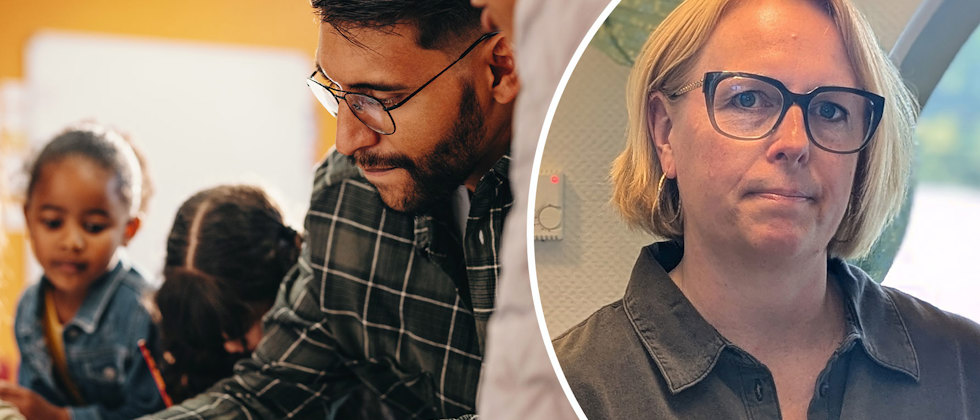 En genrebild av en vuxen som ritar med några barn och ett porträtt av Malin Persson