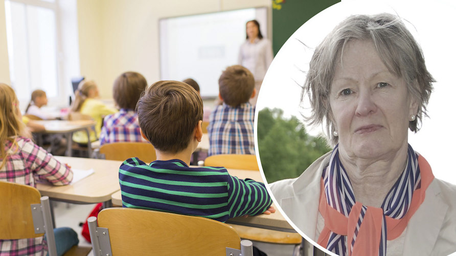 En genrebild från en lektion i ett klassrum och ett porträtt av Birgitta Fröjdendahl