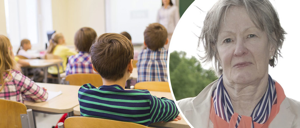 En genrebild från en lektion i ett klassrum och ett porträtt av Birgitta Fröjdendahl