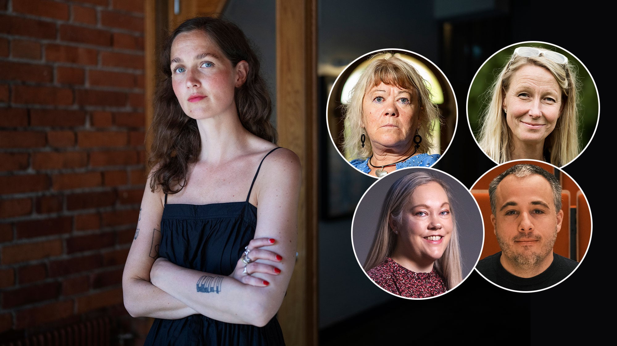 Ett porträtt av Hanna Garberg och infällt i runda ramar porträtt av Eva-Mia Nilsson, Inger Pihl, Andreas Lindahl och Yvonne Mosling.
