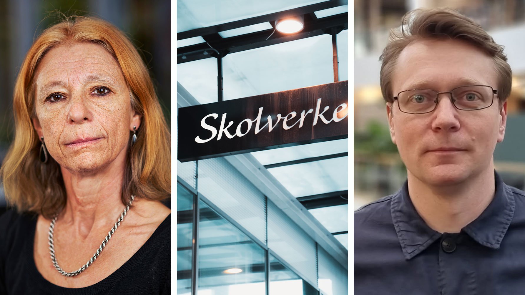 En tredelad bild, till vänster ett porträtt av Agneta Gulz, i mitten ett foto av Skolverkets logga över entrén, till höger ett porträtt av Anders Sand