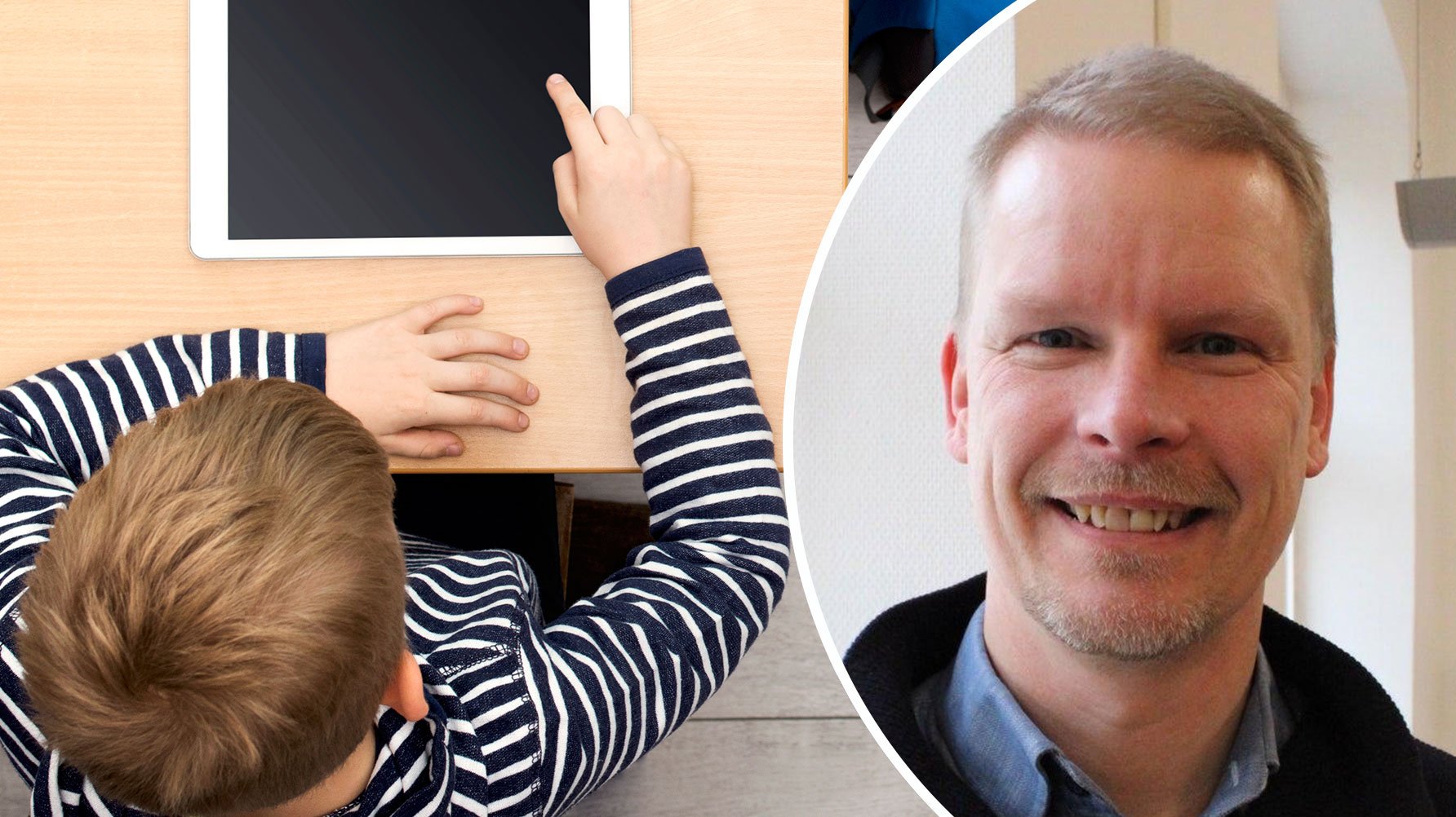 En genrebild av en elev med en läsplatta och ett porträtt av Gustaf Hedemo