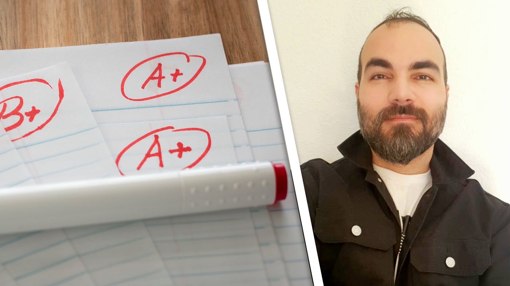 En genrebild av papper med betygen ”A” och ”B skrivna i röd penna till vänster, till höger ett porträtt av Haider Abbas