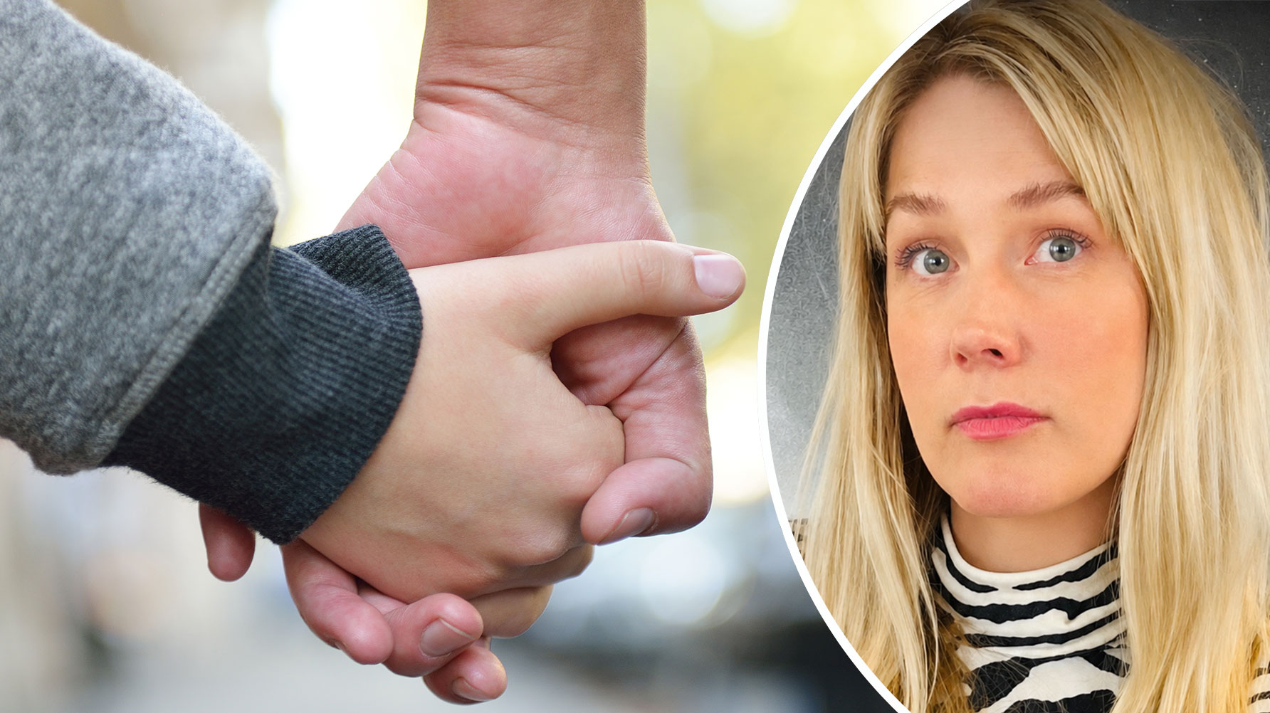 En genrebild av en barnhand som håller en vuxens, och till höger ett runt porträtt av Ulrica Björkblom Agah
