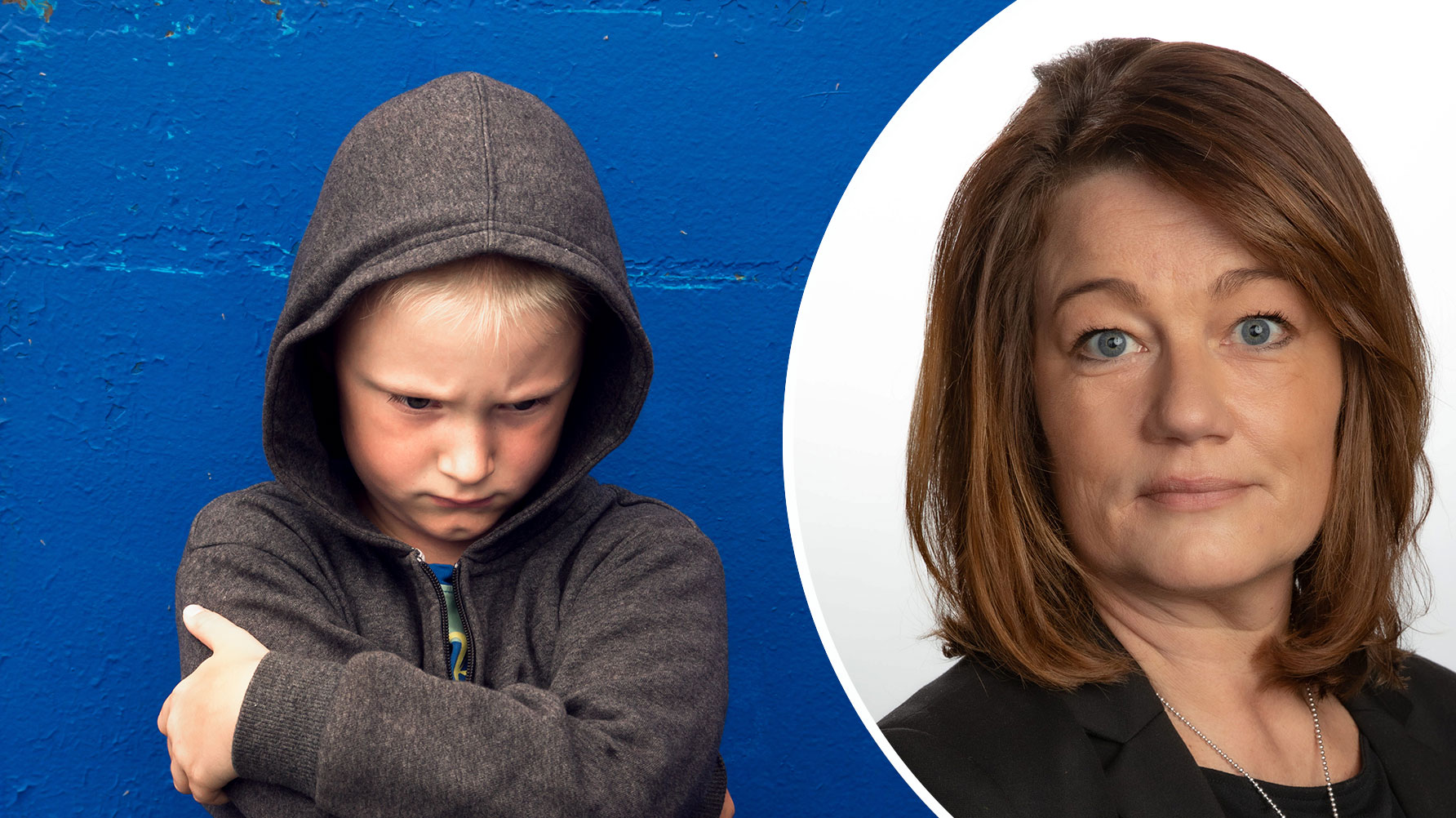 En genrebild av ett argt barn i luvtröja mot en blå bakgrund, och ett porträtt av Helena Ackesjö