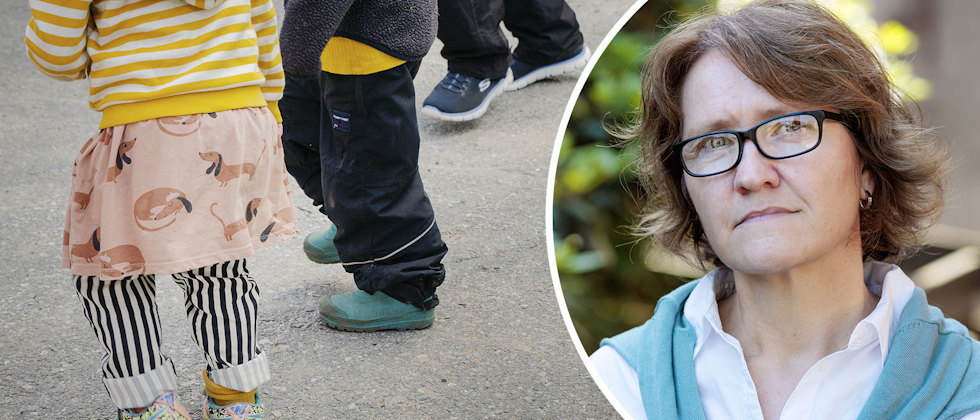 Anonyma barn som leker på en förskola och ett porträtt av Helena Lückner