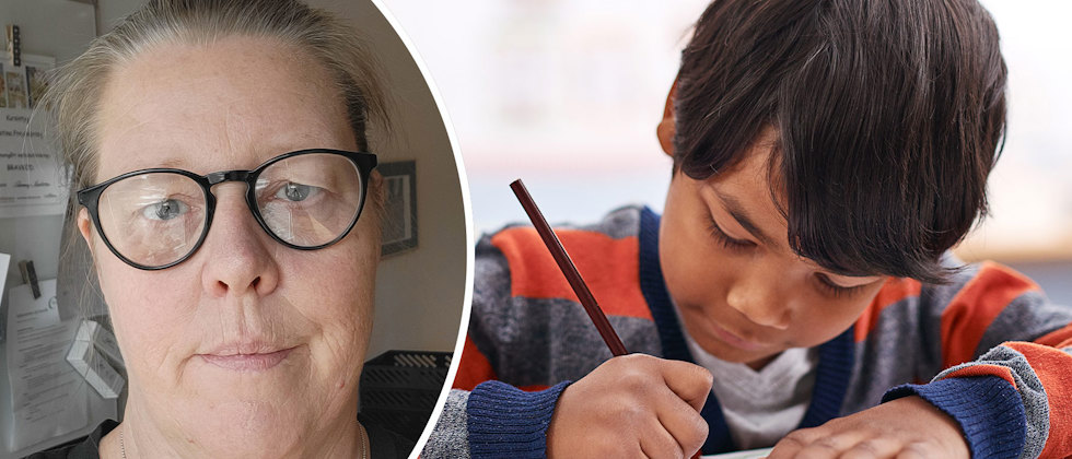 Ett porträtt av Heléna Fransman och en genrebild av ett barn som skriver ett prov