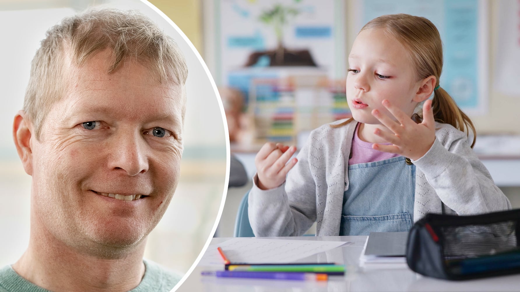 Ett porträtt av Ola Helenius i rundad ram till vänster, till höger en genrebild av en flicka som sitter vid sin bänk och räknar på fingrarna