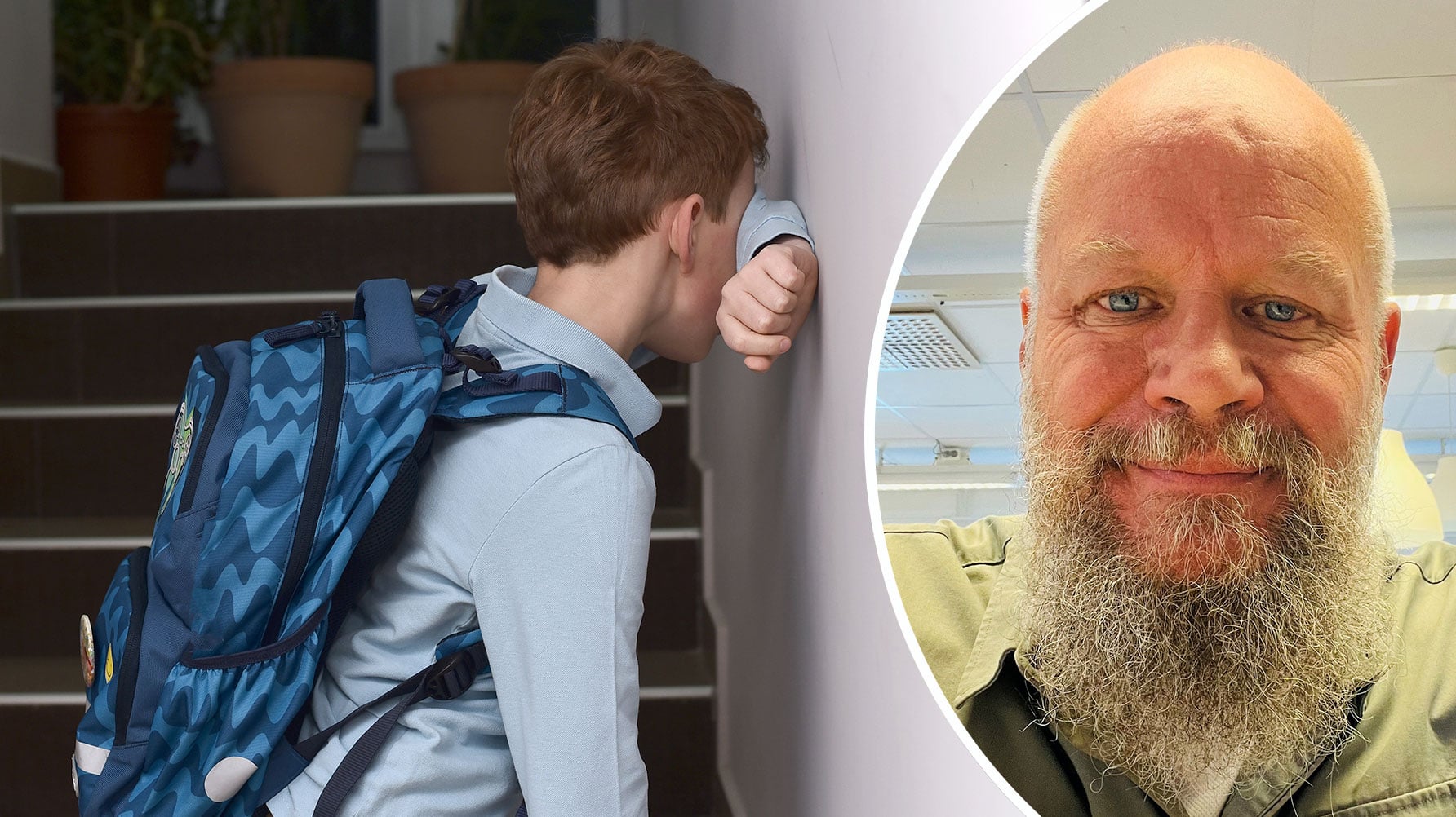 En genrebild av en pojke i skolmiljö, han lutar sig mot väggen med ansiktet dolt, en ryggsäck på ryggen. Till höger i rundad ram ett porträtt av Henric Waehrens i grön skjorta.