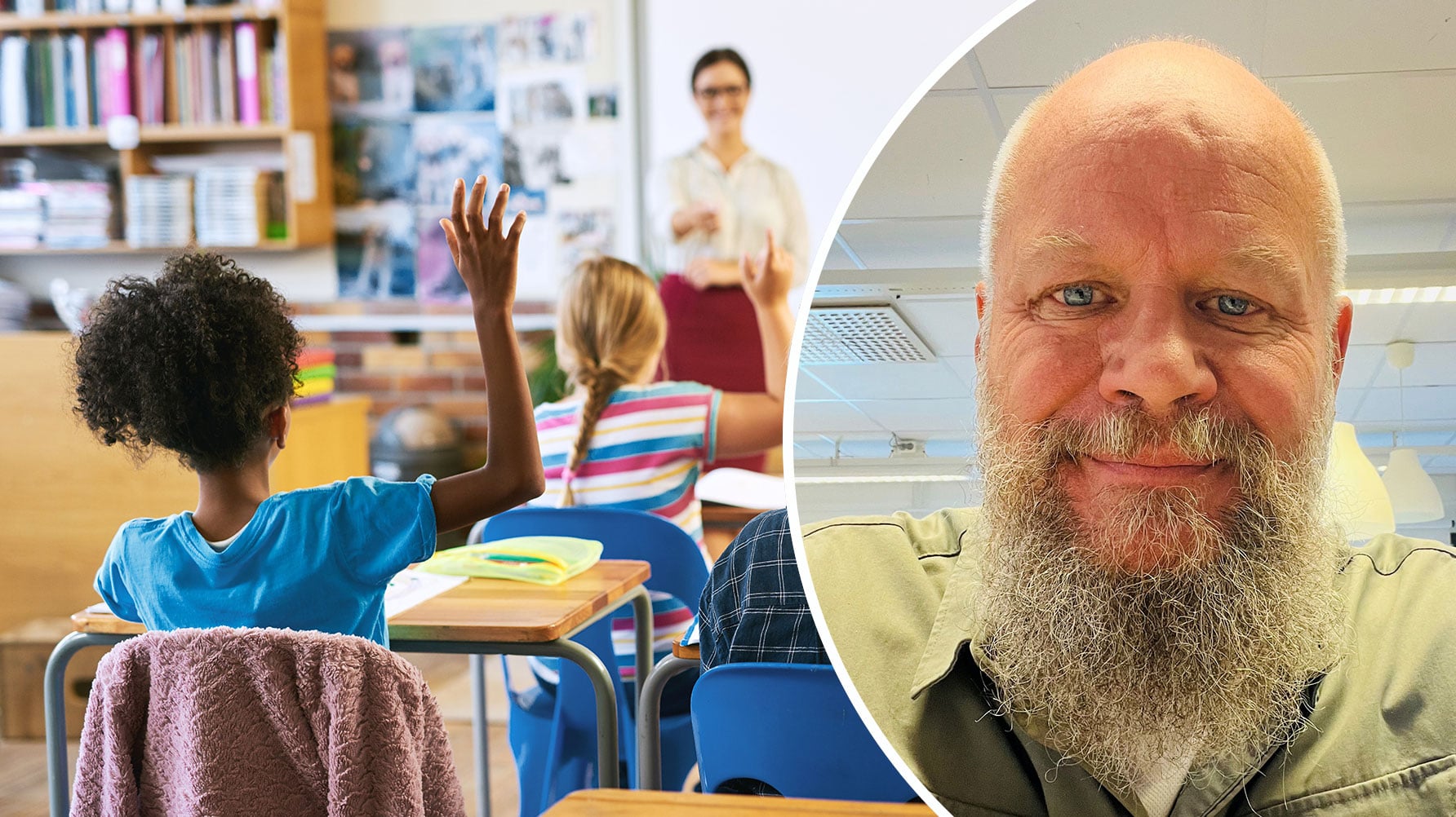 En genrebild från en lektion, en lärare framme vid white board, elever som räcker upp handen. Till höger ett porträtt av Henric Waehrens