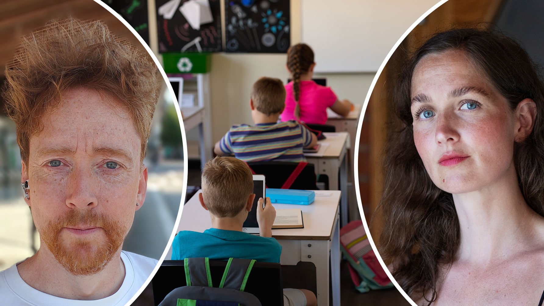 En genrebild av ett klassrum, till vänster ett runt porträtt av Thom Hunter infällt, till höger ett porträtt av Hanna Garberg