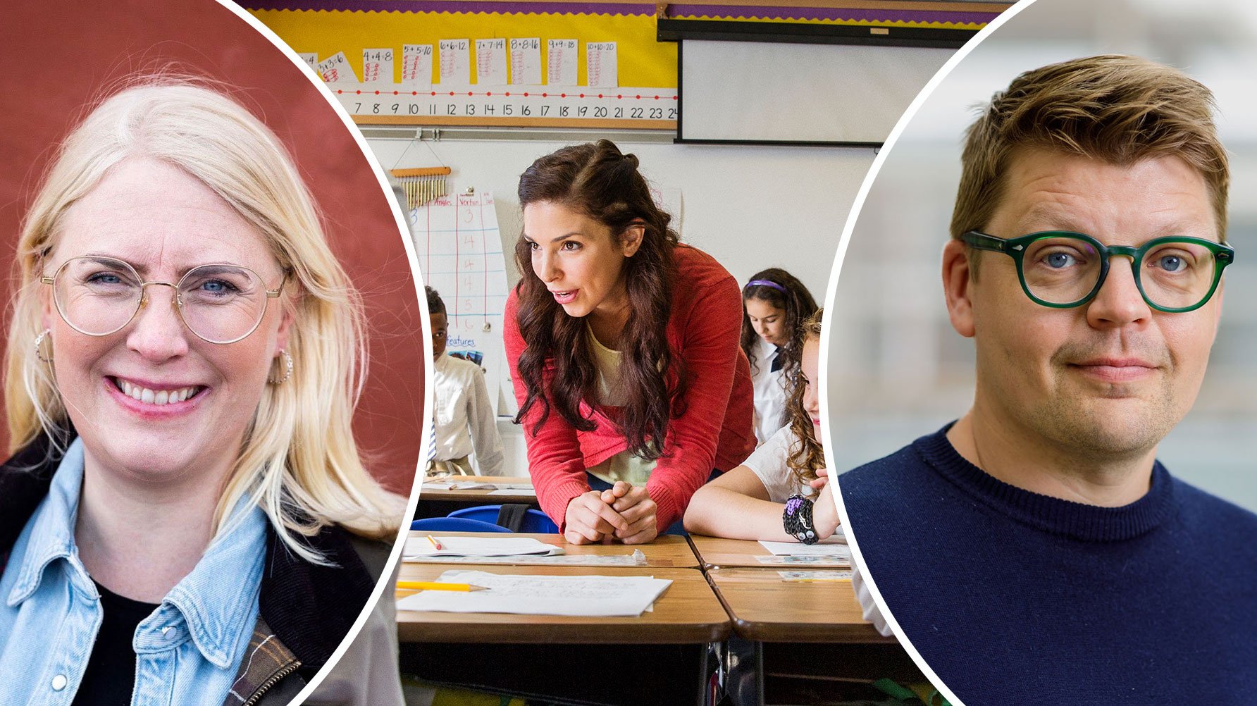 En bakgrundsbild med en lärare som håller lektion i ett klassrum, och infällda porträtt av Ida Sernberg Wallin och Erik Winerö