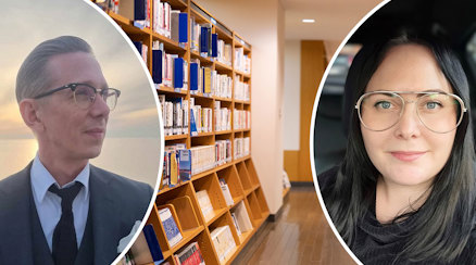 En närbild av Sten Ivarsson och en närbild av Magdalena Ivarsson mot en bakgrund från ett skolbibliotek