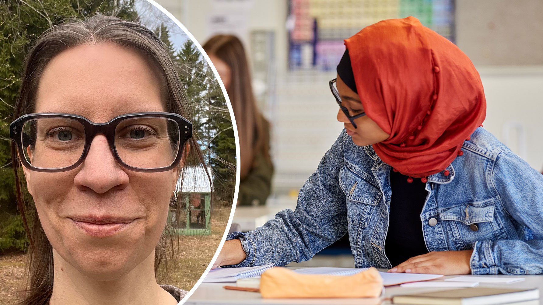 Ett porträtt av Jenny Wallén och en genrebild av en kvinna i klassrum, kvinnan bär hijab