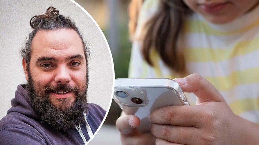Ett porträtt av Jesper Nilsson och en genrebild av ett barn som sitter djupt försjunket i sin mobil