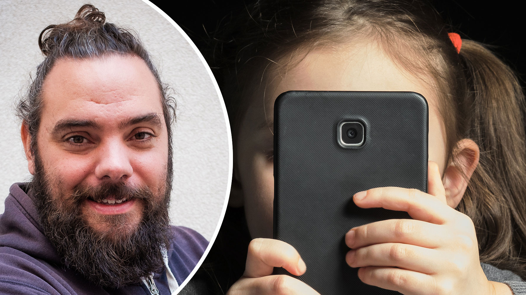 Ett porträtt av Jesper Nilsson och en genrebild av ett barn som sitter med en mobil framför ansiktet