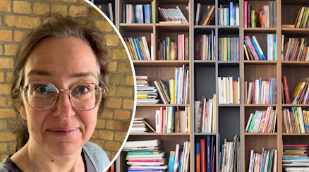 Ett porträtt av Jessica Tjulin Axrup och en genrebild av en bokhylla med böcker