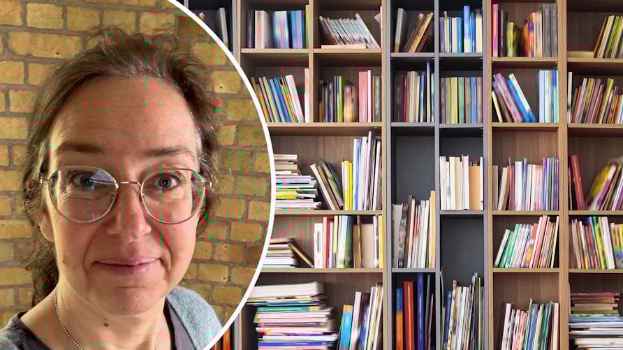 Ett porträtt av Jessica Tjulin Axrup och en genrebild av en bokhylla med böcker