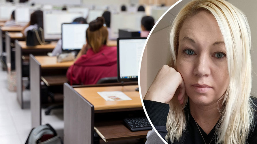 Ett porträtt av Jessika Linde och en genrebild av ett klassrum där eleverna sitter i rader framför sina skärmar